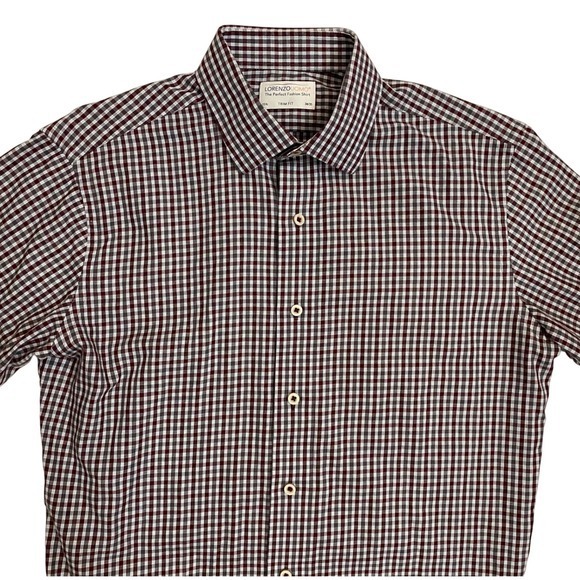 Lorenzo Uomo Trim Fit 15.5 34/35 White Gray Red Check Gingham Button Front Shirt - Picture 11 of 11